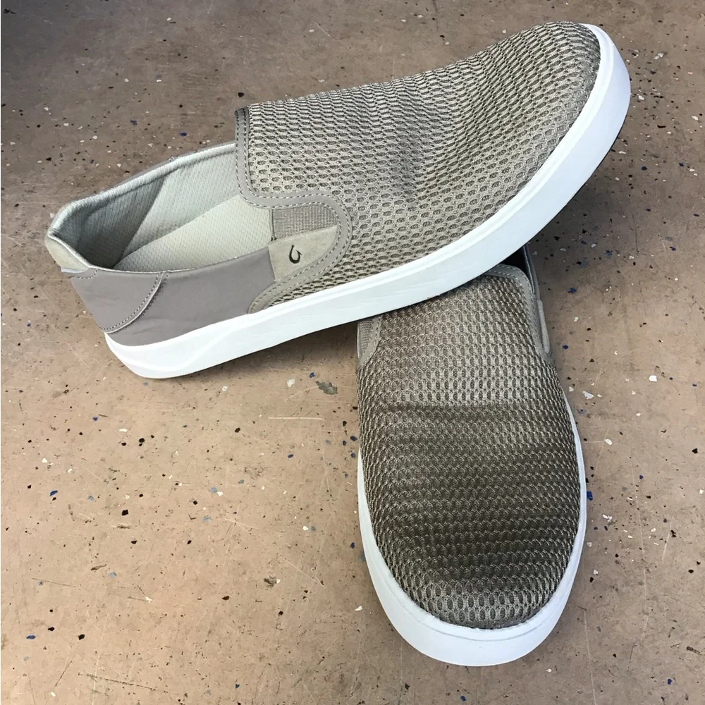 OluKai Men's Slip-On Loafers in Taupe Mesh with White Sole